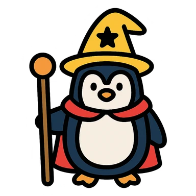 color outline icon of a penguin wizard with a staff sticker
