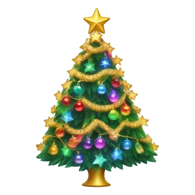 fancy christmas tree with rainbow lights, ornaments, and golden garland strans with a star on top sticker
