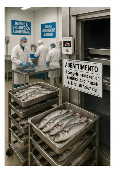 a fish processing facility where freshly caught fish are placed on trays and moved into a large industrial freezer. A temperature gauge shows -20°C, and an educational label explains that rapid freezing (abbattimento) is used to kill Anisakis larvae. The background includes workers in protective clothing and clear signage about food safety. in italiano sticker