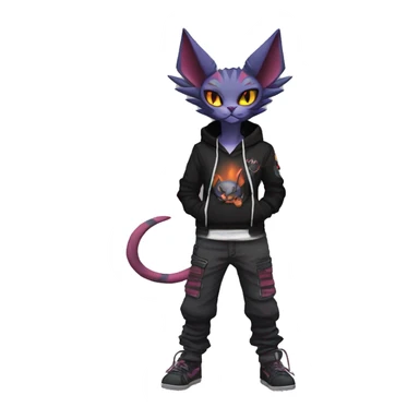Cool Anthro Noivern-Litten-Sphynx-Pokémon with edgy stripes hoodie spiked collar punk techwear Cargo Pants Full Body sticker