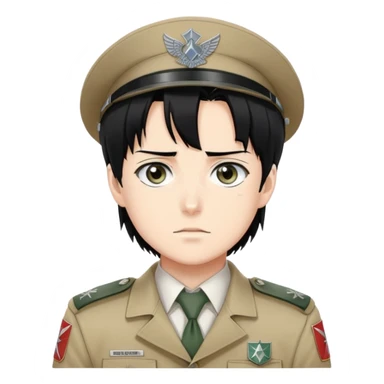 Levi Ackerman from Attack on Titan, with black hair, gray eyes, and wearing Survey Corps uniform sticker