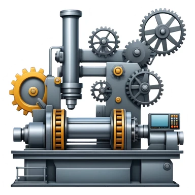 An icon featuring a giant machine tool in a factory, manufacturing machines. The design includes gears, mechanical parts, and a production line, representing the art of mechanical engineering and industrial design. Transparent background highlights precision engineering and manufacturing processes. sticker