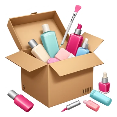 a cardboard box with assorted beauty products like compact, lotion, and nail polish spilling out with a blue background, variation 2 sticker