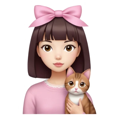 Cute East Asian girl, soft fair skin with blush on cheeks, big brown eyes with long lashes, natural pink lips, inward brown bob with straight bangs. Wearing a stylish pink knit top with ribbon details and subtle lace trim, holding an Abyssinian cat sticker