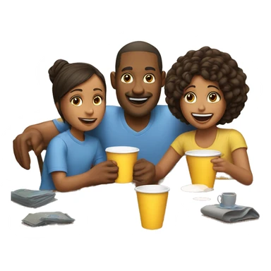 An emoji of a family—mother, father, and child—sitting at a table, playing a cup game with paper cups arranged on the table as they have fun together sticker