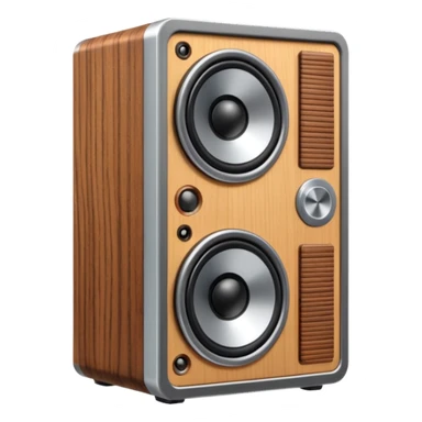 3D render of Speaker Stack, vintage 1980s audio equipment aesthetic, tactile analog buttons, silver metallic face with two large brown magnetic tape wheels, mixed wood grain and brushed aluminum textures, Apple emoji style, isolated on white background --v 6.0 sticker