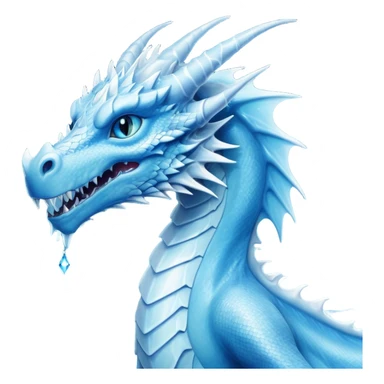 Cinematic Noble very elegant slender Ice Dragon Portrait Emoji, Poised and imposing, distinct long elegant snout, with a slender, scaled body shimmering in glacial hues of icy blue, frostbitten silver, and crystalline white, breathing out frost, with piercing, glowing ice blue white eyes that radiate the chilling depths of an arctic storm; rendered in detail. excuding wisdom sticker