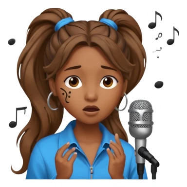 Brown skin girl with a long ponytail singing into a microphone looking sad with music notes coming out sticker