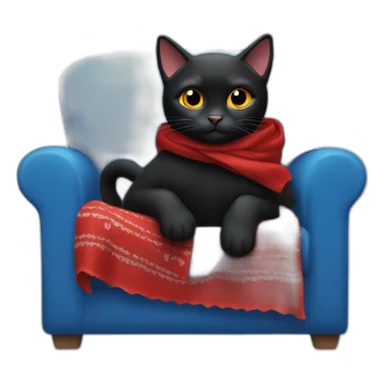 A black cat with a red bandana clawing at a blue sofa sticker