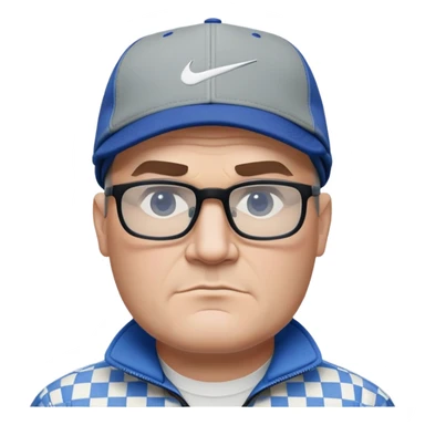 50-year-old heavyset man with very wide face and prominent square jawline. Short straight hair combed to the side, not balding, wearing a black Nike cap. Large dark square glasses. Serious-relaxed expression. Light gray jacket that fits his larger frame, white shirt with blue checkered pattern. sticker