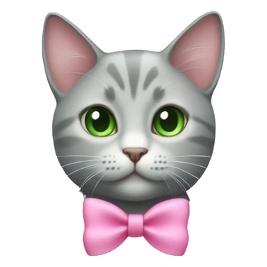 Light grey cat with a pink bow on top of its head and green eyes sticker