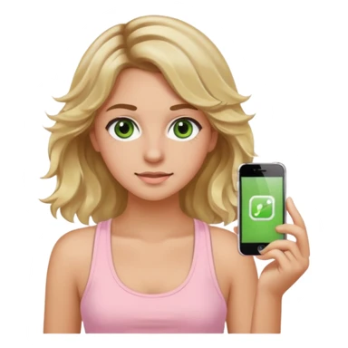 20-year-old girl with long wavy hair brown roots blonde highlights green eyes brown eyebrows good summer tan iPhone emoji style can you make her wear a light pink tank top sticker