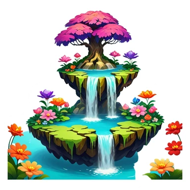 a surreal floating island with vibrant gardens, cascading waterfalls, and oversized flowers. bright, saturated colors, thick oil paint textures, whimsical and dreamlike atmosphere. soft, blended brushstrokes create a lush, inviting environment full of life and color. sticker