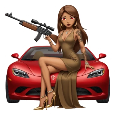 Lilith tan skinfemale red eyes symbol. Tattoo arms. Her hair is brown straight long hair.wearing sexy long  erotic dress with slit. black stiletto platform high heels shoes on. Sitting on gold giant luxury car with cash surrounding her. She is holding a sniper rifle in one hand cash in other hand sticker