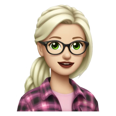 Pale white girl, platinum blonde hair in a pony tail, sinister, green glasses, pink lips, flannel top sticker