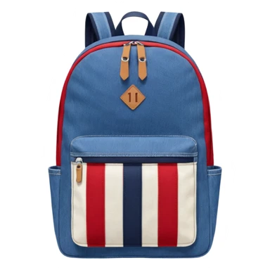 denim backpack with bold red, white, and navy vertical stripes, minimal and flat design, front view, inspired by Tommy Jeans style."
 sticker