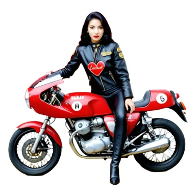 Crie um motoqueiro de jaqueta preta junto com uma mulher de jaqueta preta com um símbolo de um coração vermelho com chama vermelha e letras HL escrito em dourado dentro do coração vermelho, a mulher abraçado ao motoqueiro os dois de costas na moto Harley Davidson vermelha  sticker