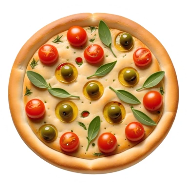 cinematic-realistic-focaccia-bread-dish-emoji,-depicted-as-a-golden,-olive-oil-brushed-flatbread-sprinkled-with-herbs-rendered-with-lifelike-texture-and-soft,-appetizing-lighting showing olives on top and the cherry tomatoes sticker