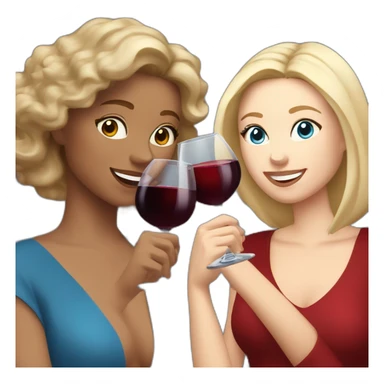 White woman with brown hair and brown eyes toasting with a red wine together with white woman with blond hair and blue eyes with red wine sticker