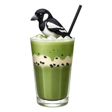 It’s an Australien Magpie (just black and white feathers) sitting on an iced matcha latte on the edge of the glass. It has green matcha on its beak indicating it drank. The iced matxha latte is in a see through glass and white from the oat milk on the bottom and green on top… one straw and ice cubes sticker