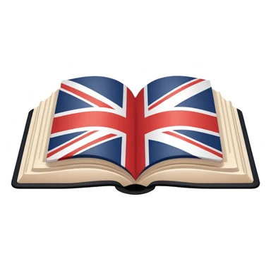 Minimalistic flat vector icon, iOS style, thin black contour on white background. Open book with a small UK/USA flag symbol. No text, no shadows. sticker