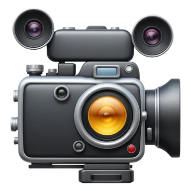 Minimal emoji icon of a huge cinematic metalic camera, front view, realistic lens, no gold sticker