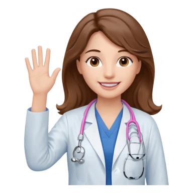 Barbie like emoji of a white woman with brown eyes and long wavy brown hair wearing blue scrubs, white lab coat, pink stethoscope, and raising one hand and a warm smile sticker