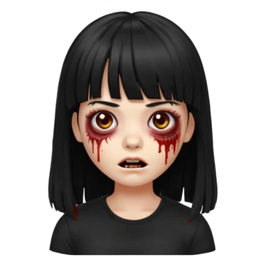 A zombie girl in Apple Memoji format with the longest, straight black hair with bangs, wearing a black shirt. sticker