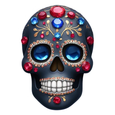 Realistic single isolated decorative sugar skull with sparkling rubies and sapphires in dark colo sticker