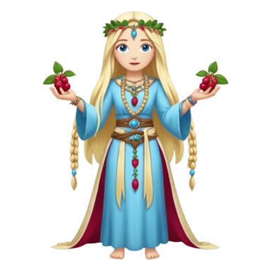 full body woman long blonde hair blue eyes white skin fruit priestess with berry belt and leaf jewelry sticker