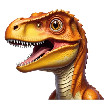Cinematic Realistic Comical velociraptor/T-rex Portrait Emoji, Head tilted dramatically with an exaggeratedly amused expression, featuring a striking, glossy scaled body with bold natural textures and wide, expressive eyes brimming with playful disbelief, rendered with lifelike detail and dynamic natural lighting, high shine, dramatic yet playful, styled with an air of cheeky prehistoric mischief, soft glowing outline, capturing the essence of a spirited and over‐the‐top velociraptor/T-rex that looks ready to bellow its way into viral fame! sticker