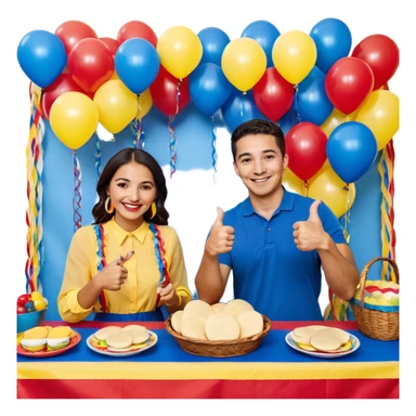 party table decorated with red blue and yellow colors, including a backdrops, balloons arch, streamers and more. On the table are intricate displays of colombian arepas, and baskets of money. In the forefront is a woman and man in simple clothing, big smiles and big thumbs up sticker