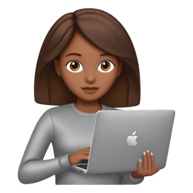 memoji of a brown hair female with a grey laptop in front, apple-style, modern sticker