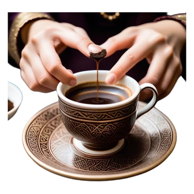 An empty Turkish coffee cup sitting on a saucer, with dark coffee grounds forming intricate and mysterious patterns inside the cup. The cup has been turned over, leaving a distinct ring of coffee residue on the saucer. A fortune teller’s hand is gently lifting the cup, revealing hidden symbols and shapes in the leftover grounds, creating a mystical and intriguing atmosphere sticker