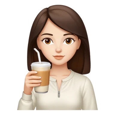white brunette with brown eyes and a white outfit, drinking a caramel machiatto sticker