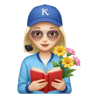 A happy girl with light skin, bald, wearing a baseball cap and sunglasses, dressed in K-pop fashion, is reading a book while holding a flower bouquet. sticker