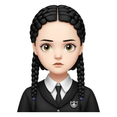 Draw Wednesday Addams (Jenna Ortega) with pale skin, black braids, dark uniform, white collar & intense stare. sticker