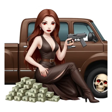 Lilith symbol red eye seductress evil long brown haired sexy succubus woman with leather long dress with slit on, sitting in Big Large F350 pickup truck. Back seat full of stacks of cash, she is  Holding a human skull of her enemies and a gun in other hand sticker