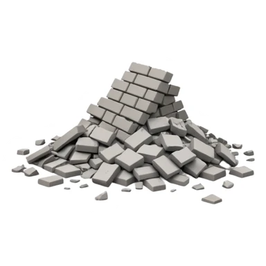 3D iPhone style emoji of a pile of bricks, roof pieces, and wall rubble, scattered and broken, isolated on white background, soft shadows, high detail, playful and cute sticker