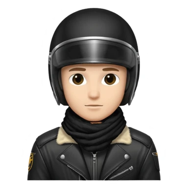 un homme avec un casque de moto totalement noir avec une écharpe en fourrure noir une chemise blanche et une jacket noir sticker