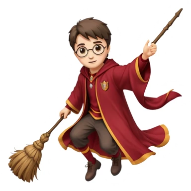 Cartoon-style illustration of Harry Potter flying on a broomstick, Gryffindor red and gold outfit, expressive face, dynamic motion, magical vibe, smooth shading, vibrant colors, no background, transparent background, isolated character. sticker