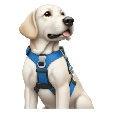 Black guide dog wearing a blue collar and a brown and white harness sticker