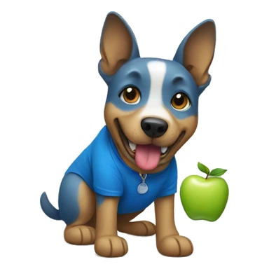 dog with an apple in his mouth and wearing a blue t-shirt  sticker