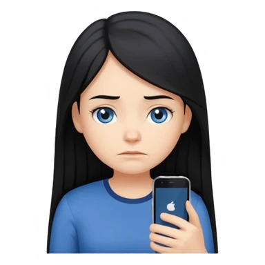 Cartoon emoji of a girl with long, straight black hair, fair skin, gentle blue eyes. Wearing a navy top, looking miserable and stressed, scrolling on her phone or watching TikTok. Smooth, simple, stylized. sticker