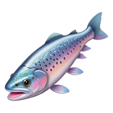 whole trout raw with long slender body, silver-gray skin with dark speckles, iridescent scales, soft pink belly, fins intact, clear eyes, mouth slightly open, no plate or extras, soft lighting, subtle shadows, emoji scale sticker