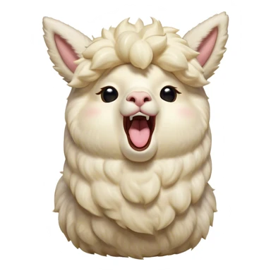 Cinematic Cute Yawning Cream Alpaca Portrait Emoji, Head tilted slightly with a dramatic, wide-open yawn, showcasing a soft, fluffy cream fleece with subtly drooping ears, round gentle eyes barely open in drowsy contentment, Simplified yet irresistibly adorable features, highly detailed, glowing with a soft, cozy glow, high shine, relaxed yet expressive, stylized with a touch of whimsy, bright and endearing, soft glowing outline, capturing the essence of a sleepy yet affectionate alpaca, so drowsy it feels like it could stretch out of the screen and curl up for a nap! sticker