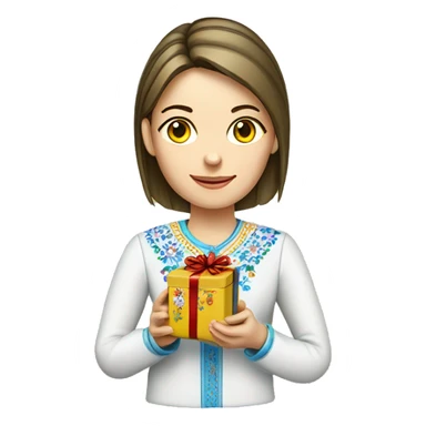 A female teacher in Ukrainian embroidery holds a gift in her hand sticker