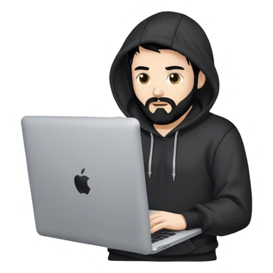 hackeur blanc cheveux noir barbe et capuche noir avec un macbook sticker