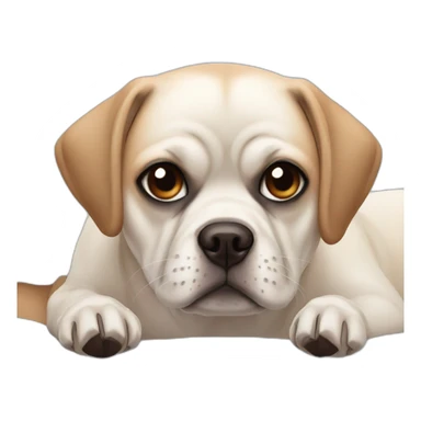White puggle with brown ears laying on bed sticker