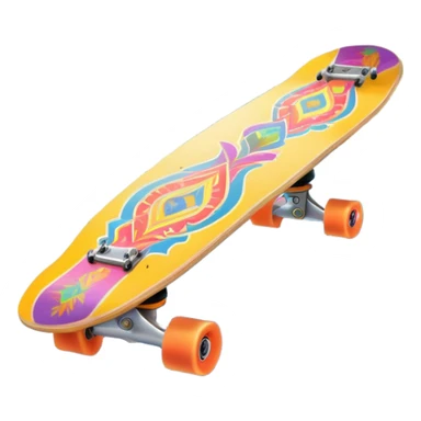 An icon featuring a colorful skateboard resting on a smooth pavement. The background shows a sunny park with trees, a clear sky, and a lively atmosphere. The skateboard's deck is decorated with vibrant designs, emphasizing its dynamic style. Transparent background  sticker